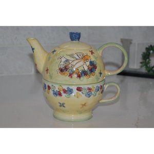 Mesa International Angels Floral Tea Pot Cup Stackable‎ Yellow Flowers 4X6